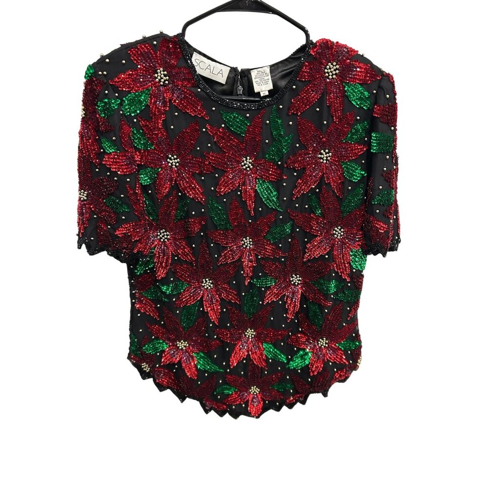 Scala Black Silk Beaded Floral Top Poinsettia Red Green Sequins Sz Medium